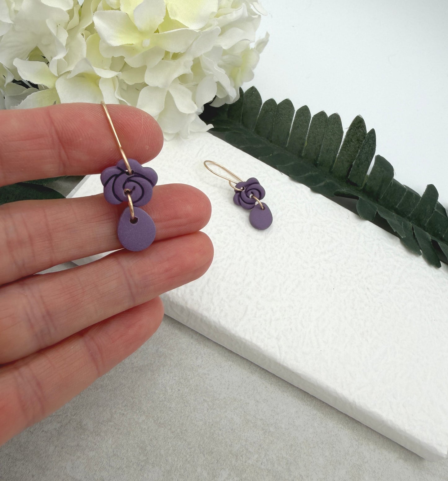 Earrings Made with Purple Polymer Clay Roses and Teardrops PCE-975