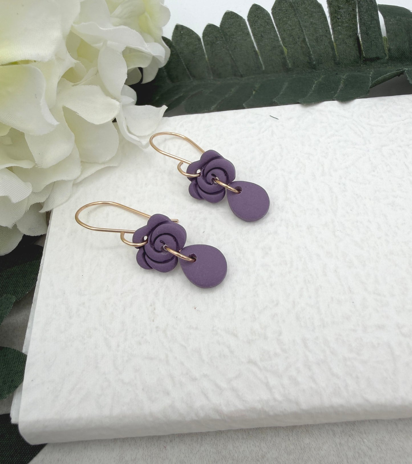 Earrings Made with Purple Polymer Clay Roses and Teardrops PCE-975