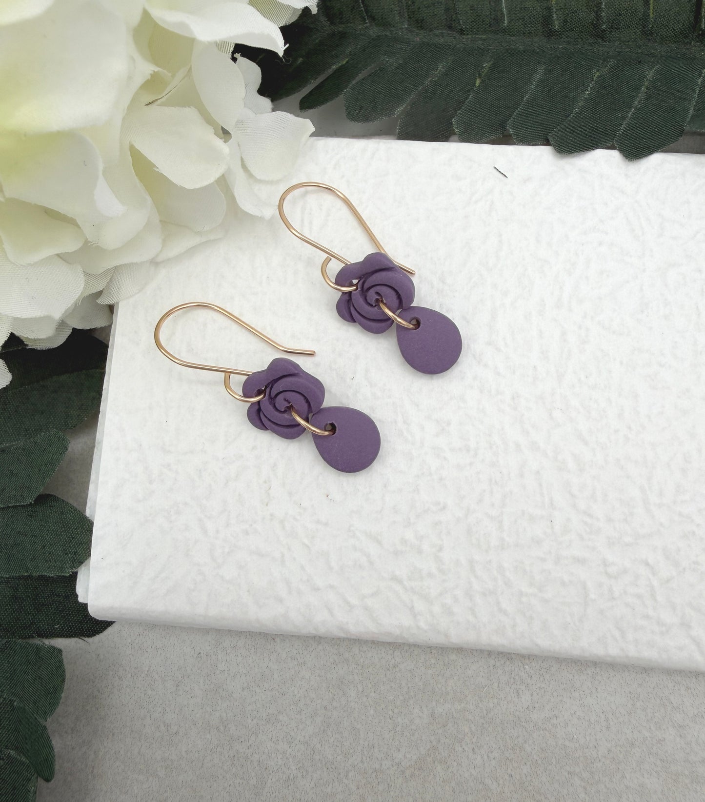 Earrings Made with Purple Polymer Clay Roses and Teardrops PCE-975
