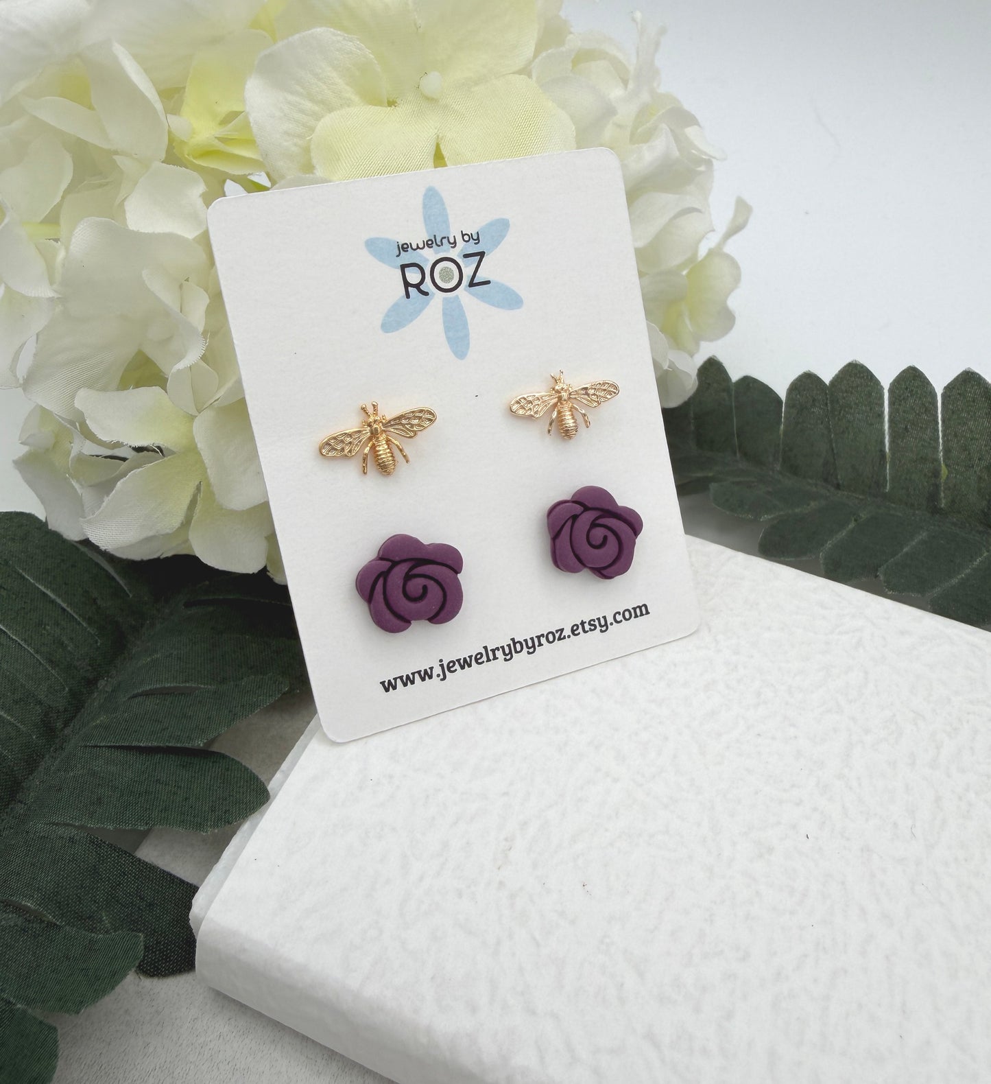 Stud Earring Pack Made with Polymer Clay Roses with Sterling Silver Posts and Gold Plated Bee Post PCE-976