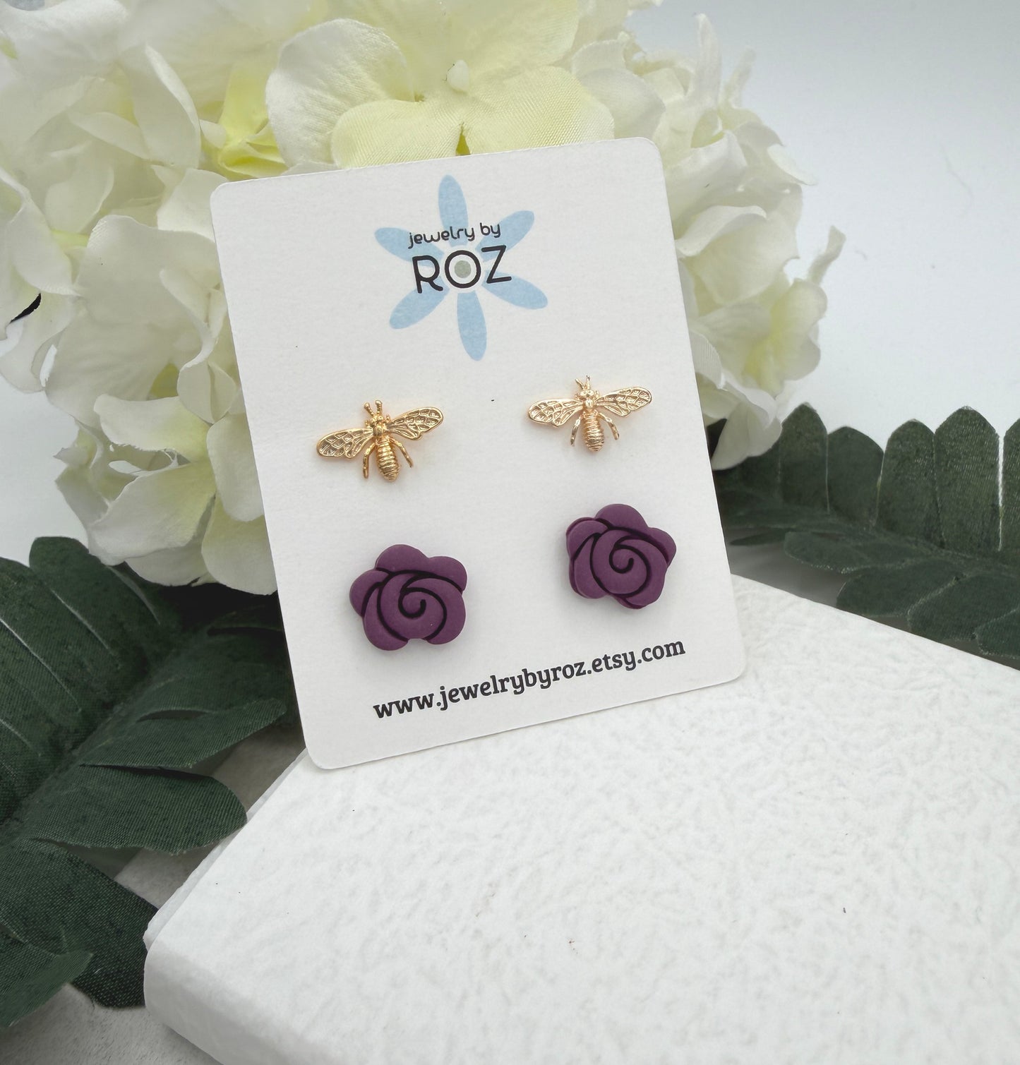Stud Earring Pack Made with Polymer Clay Roses with Sterling Silver Posts and Gold Plated Bee Post PCE-976