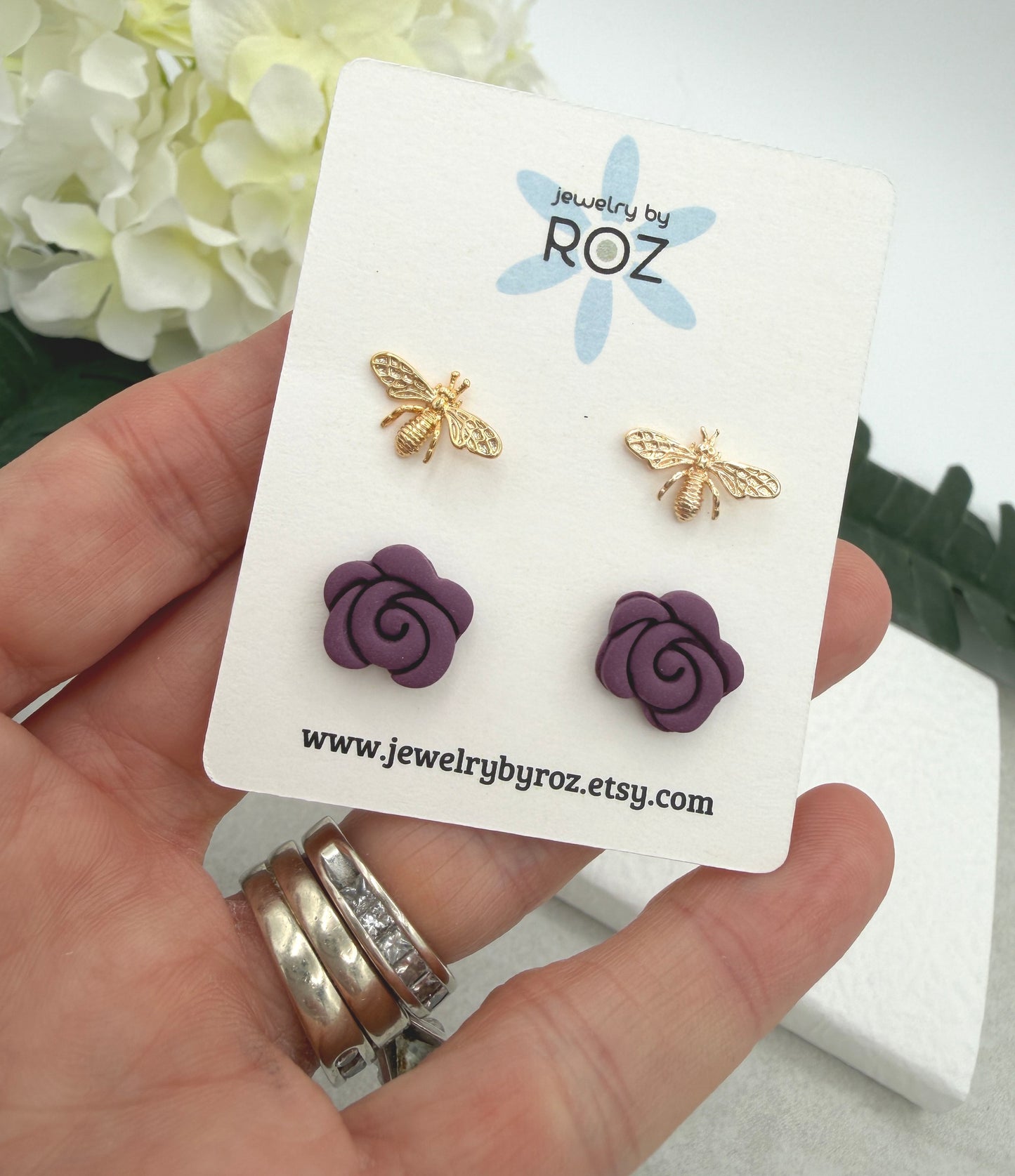 Stud Earring Pack Made with Polymer Clay Roses with Sterling Silver Posts and Gold Plated Bee Post PCE-976