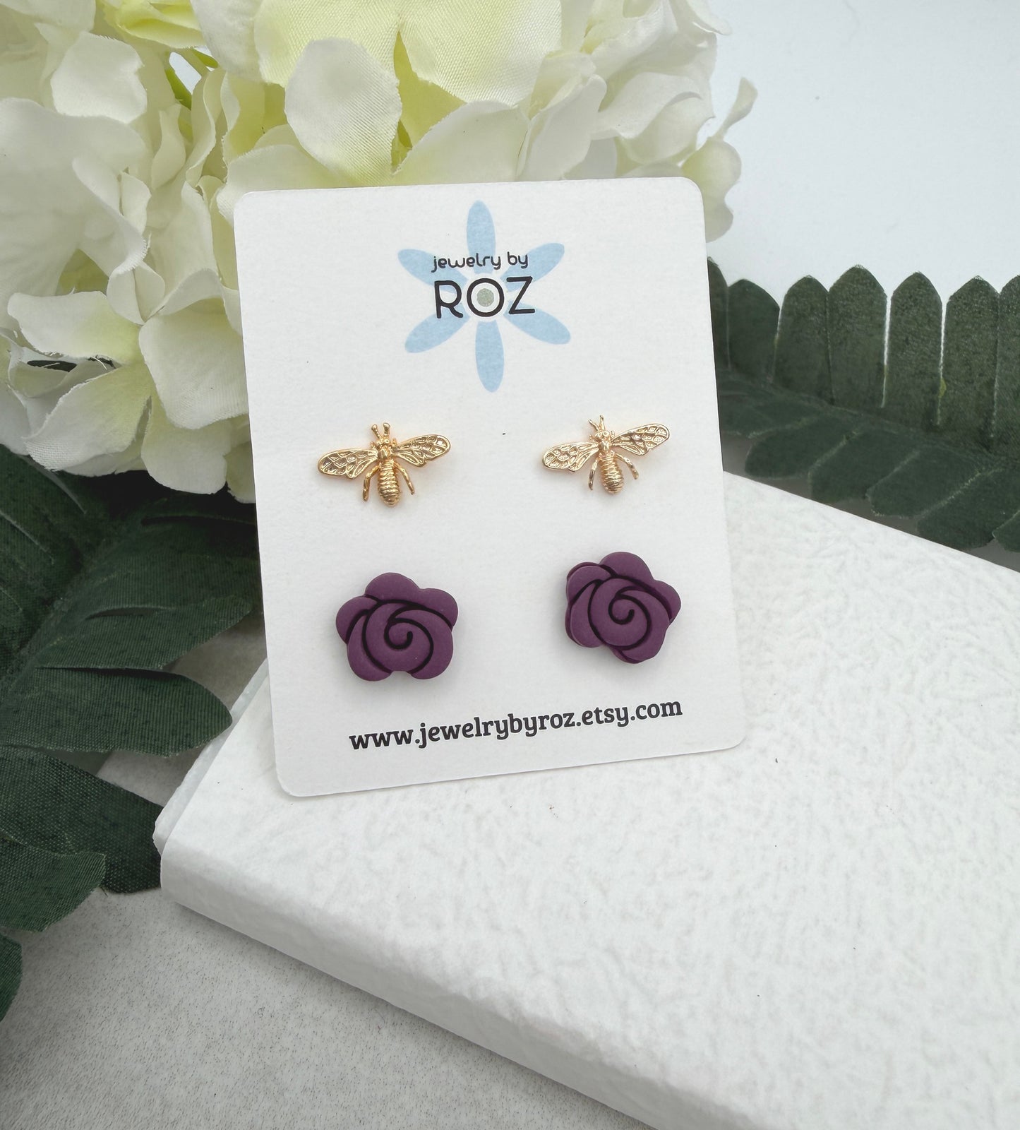 Stud Earring Pack Made with Polymer Clay Roses with Sterling Silver Posts and Gold Plated Bee Post PCE-976