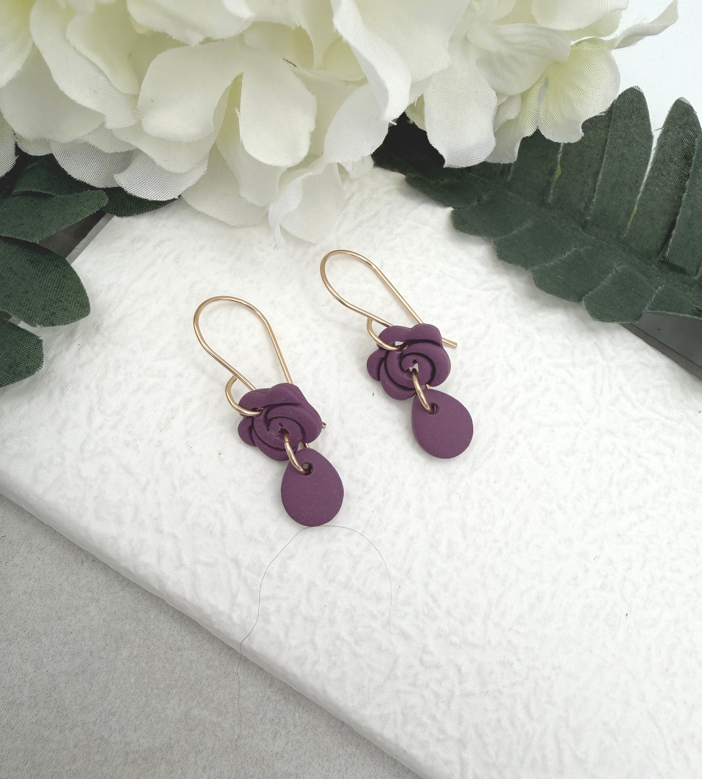 Earrings Made with Purple or Plum Polymer Clay Roses and Teardrops PCE-979
