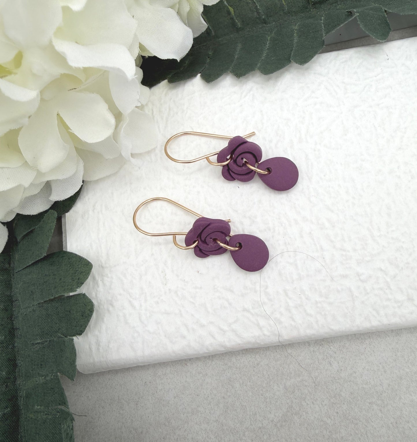 Earrings Made with Purple or Plum Polymer Clay Roses and Teardrops PCE-979