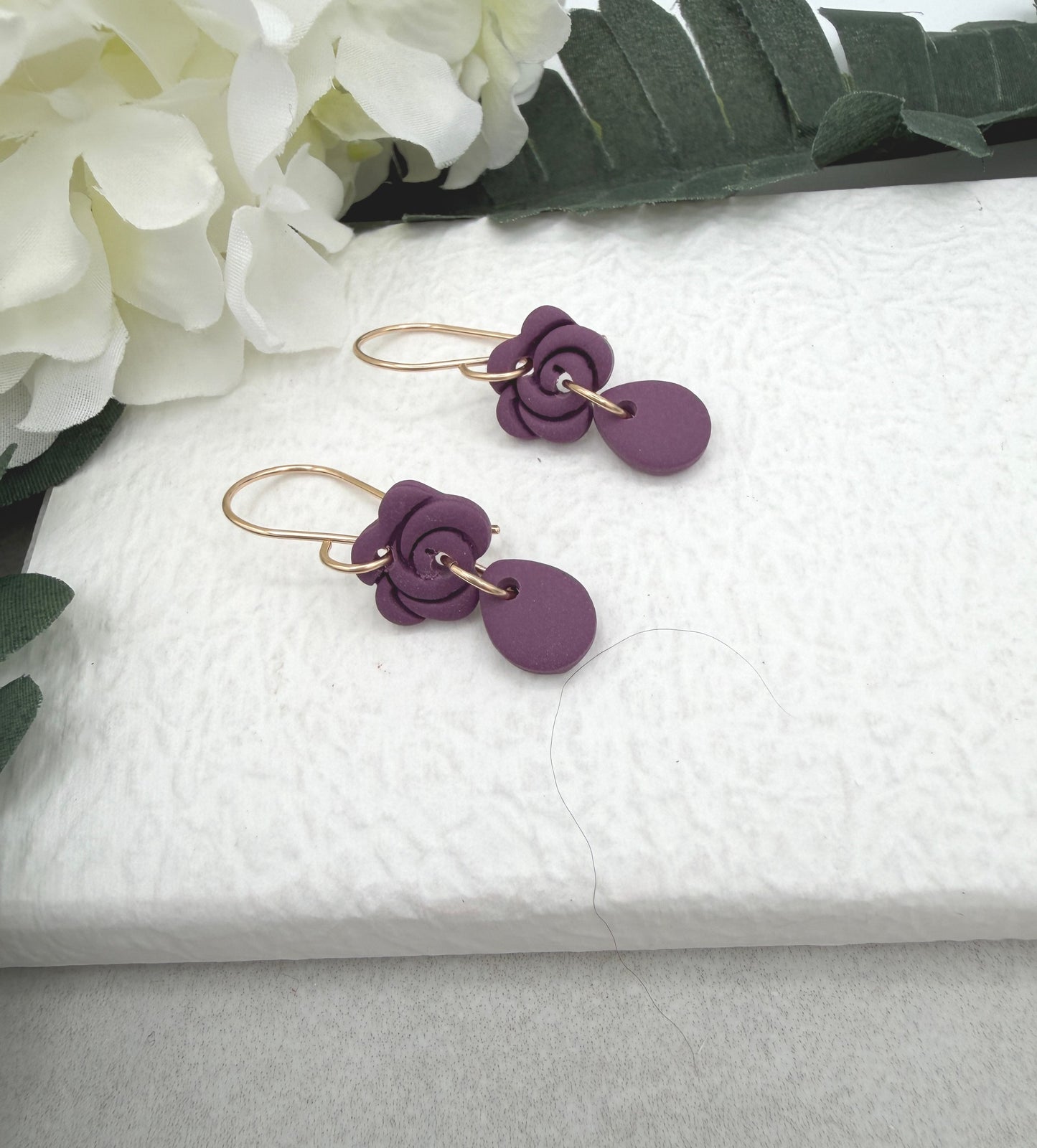 Earrings Made with Purple or Plum Polymer Clay Roses and Teardrops PCE-979