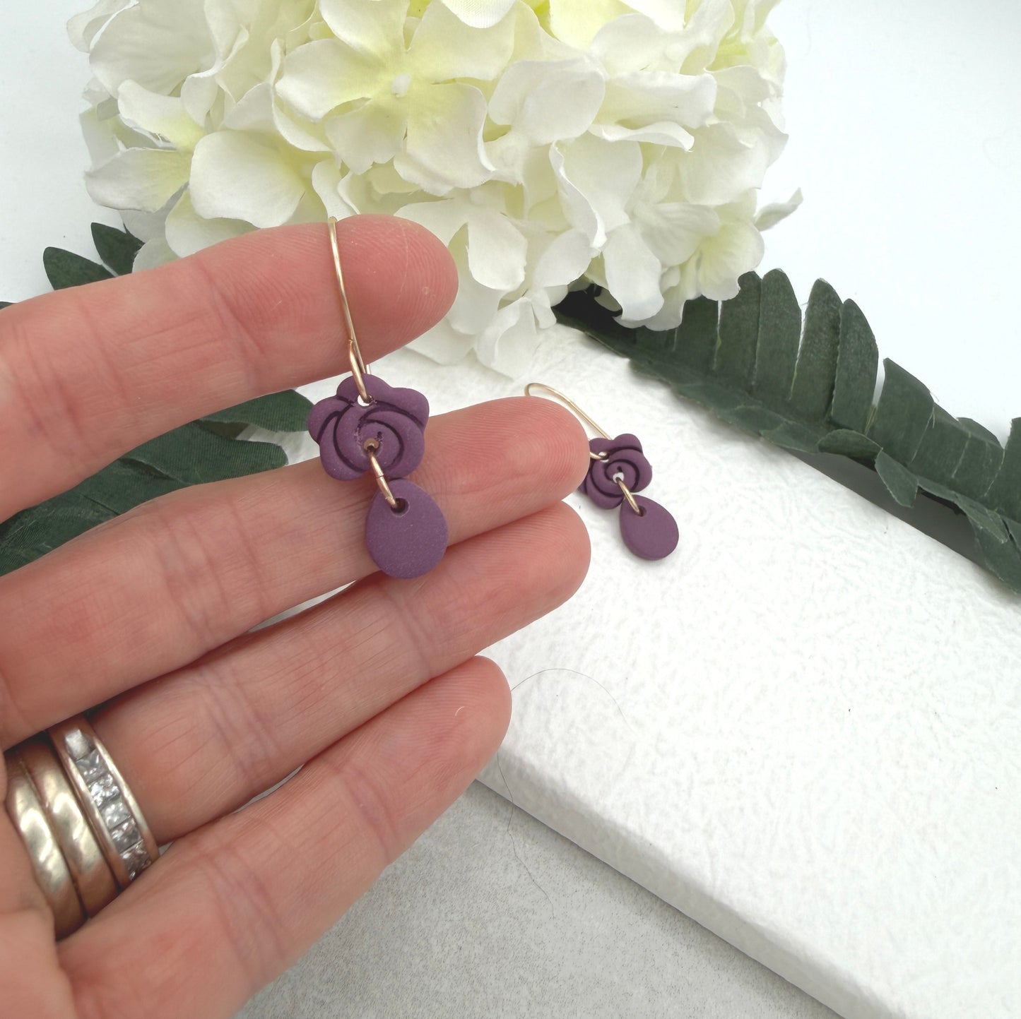 Earrings Made with Purple or Plum Polymer Clay Roses and Teardrops PCE-979