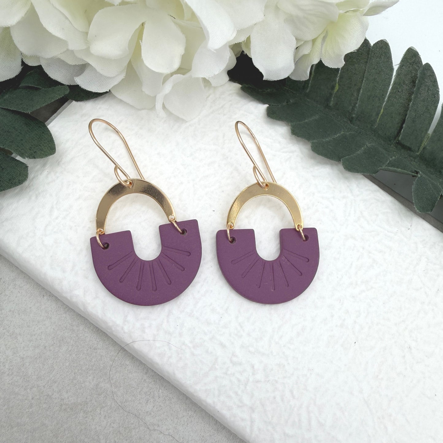 Earrings Made with Purple or Plum Polymer Clay Arches and Gold Plated Arches PCE-980