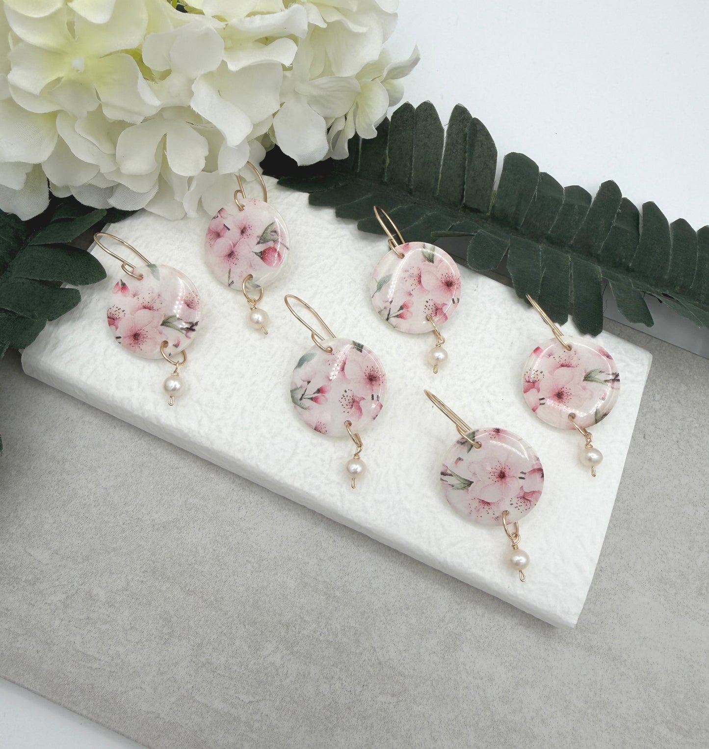 Earrings Made with Polymer Clay Cherry Blossom Circles and Pearls - PCE-981