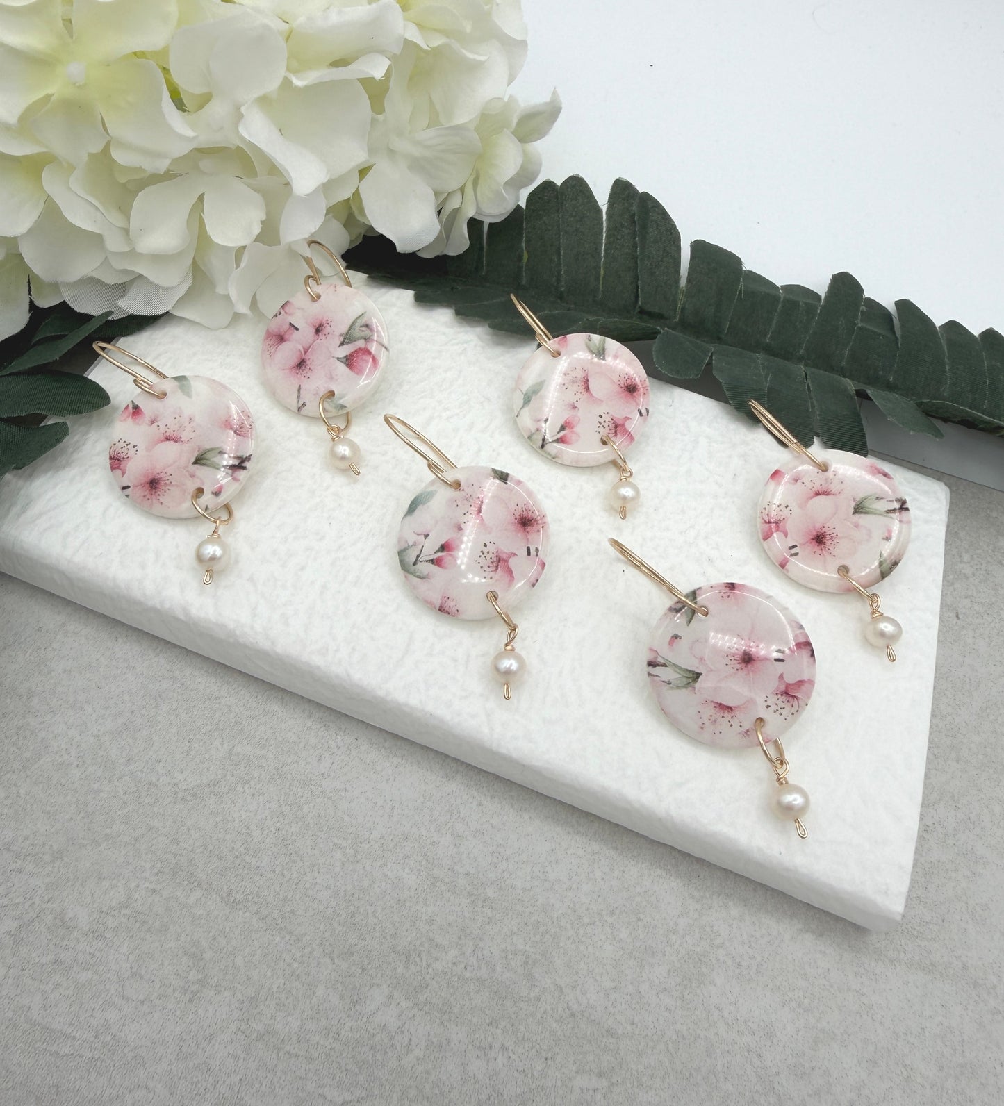 Earrings Made with Polymer Clay Cherry Blossom Circles and Pearls - PCE-981