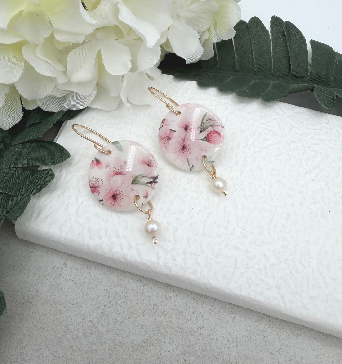 Earrings Made with Polymer Clay Cherry Blossom Circles and Pearls - PCE-981