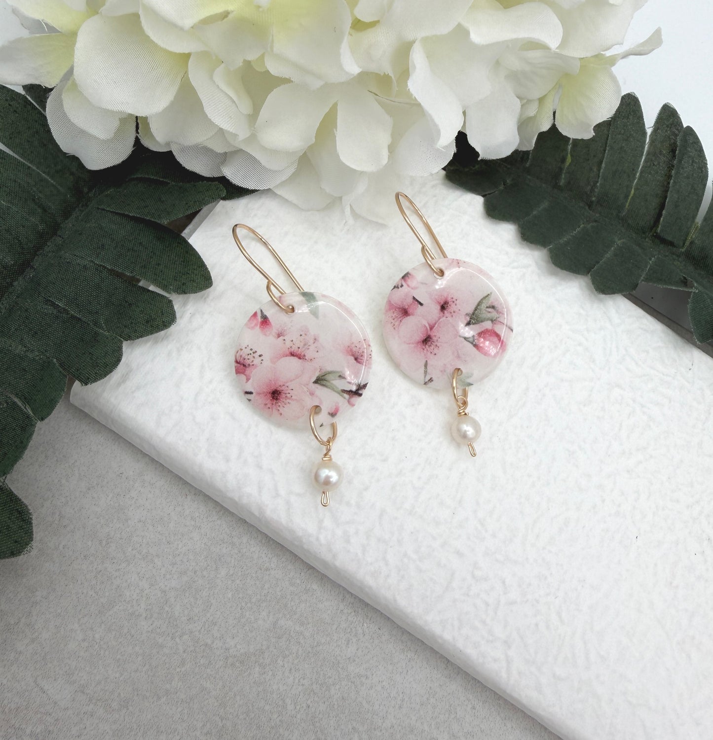 Earrings Made with Polymer Clay Cherry Blossom Circles and Pearls - PCE-981