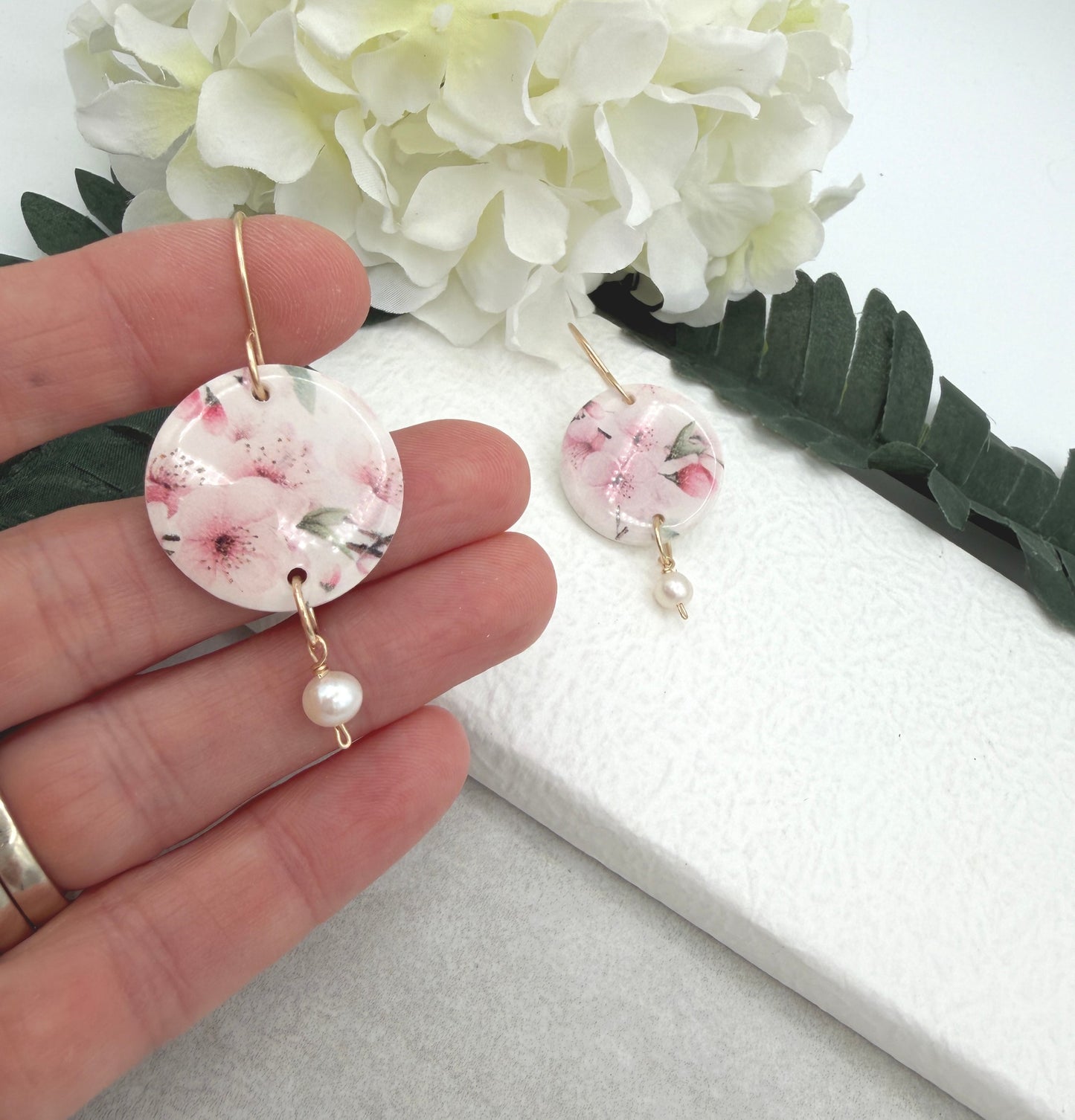 Earrings Made with Polymer Clay Cherry Blossom Circles and Pearls - PCE-981