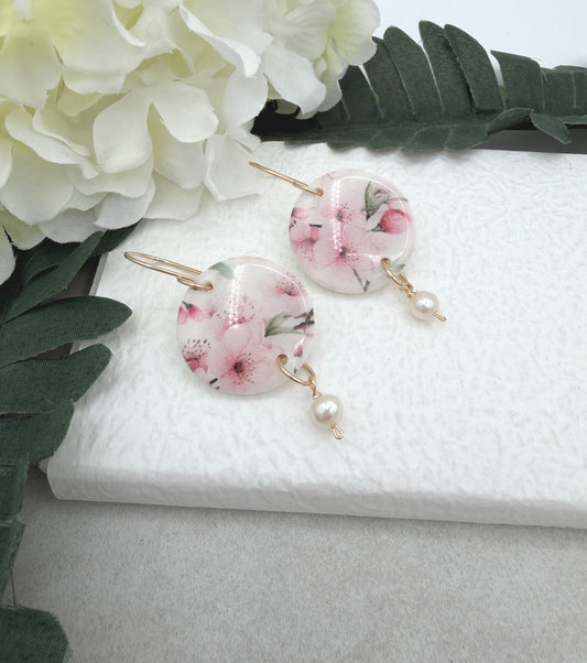 Earrings Made with Polymer Clay Cherry Blossom Circles and Pearls - PCE-981
