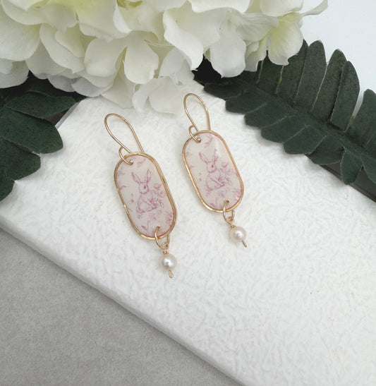 Earrings Made with Polymer Clay Pink Toille Bunnies and Pearl Drops - PCE-982