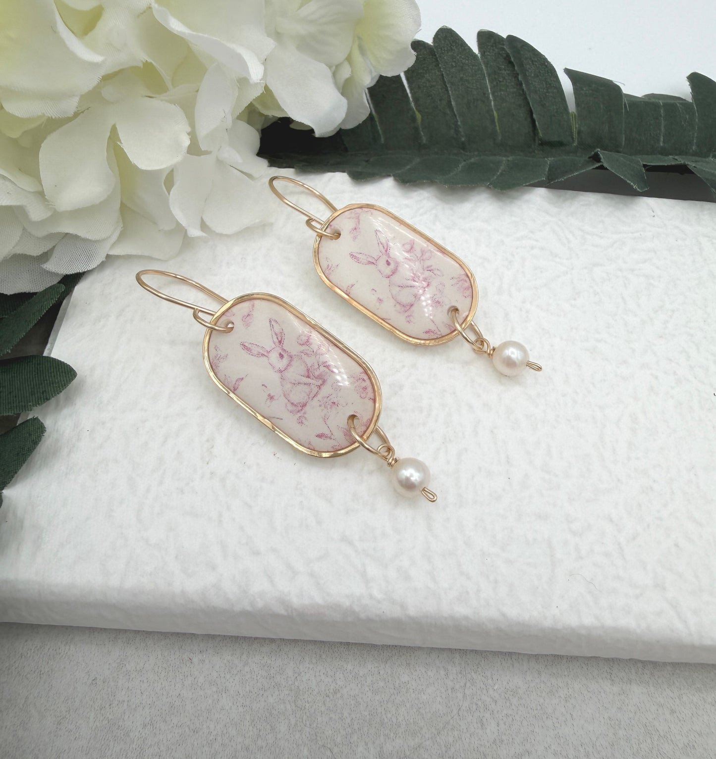 Earrings Made with Polymer Clay Pink Toille Bunnies and Pearl Drops - PCE-982