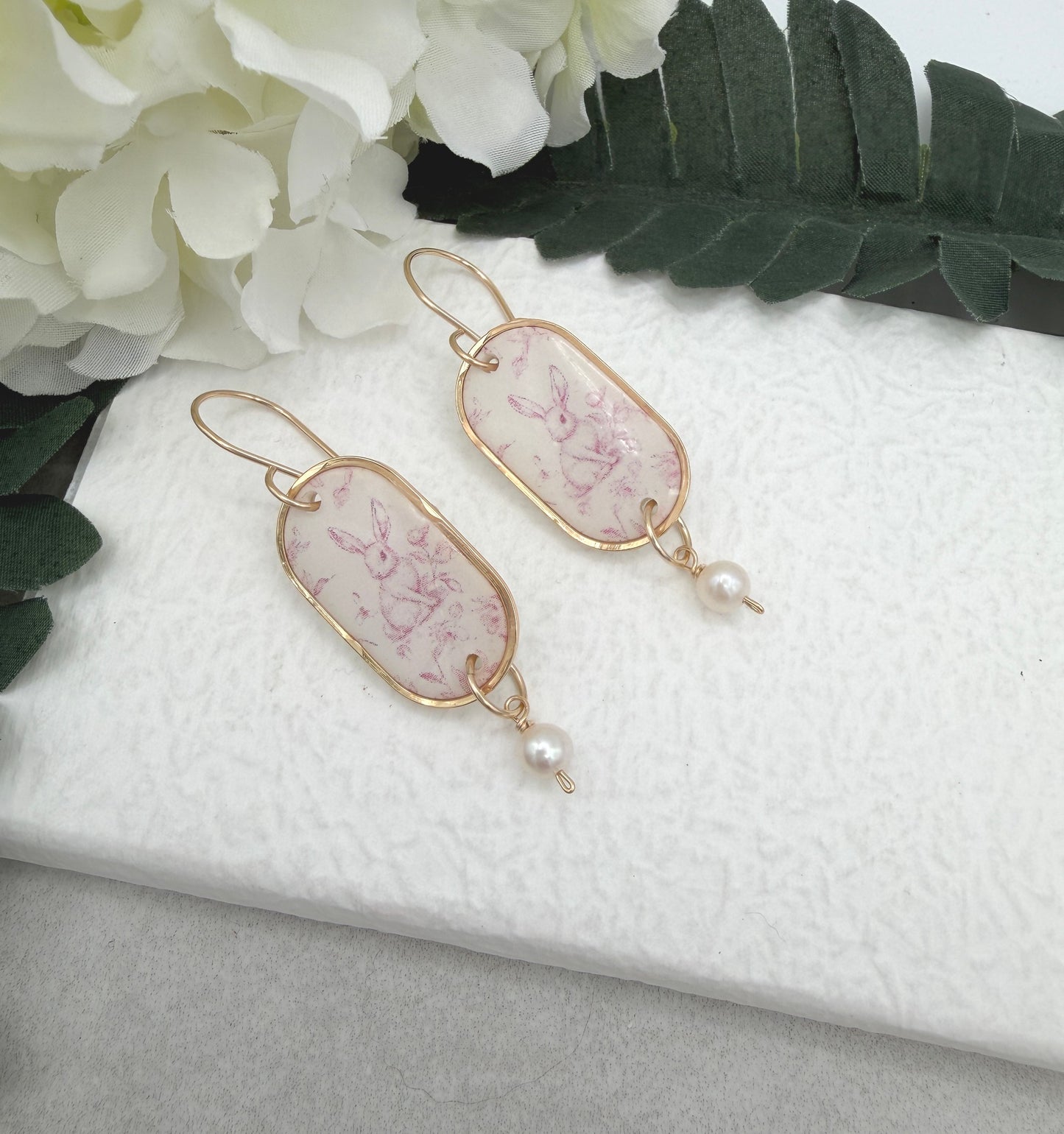 Earrings Made with Polymer Clay Pink Toille Bunnies and Pearl Drops - PCE-982
