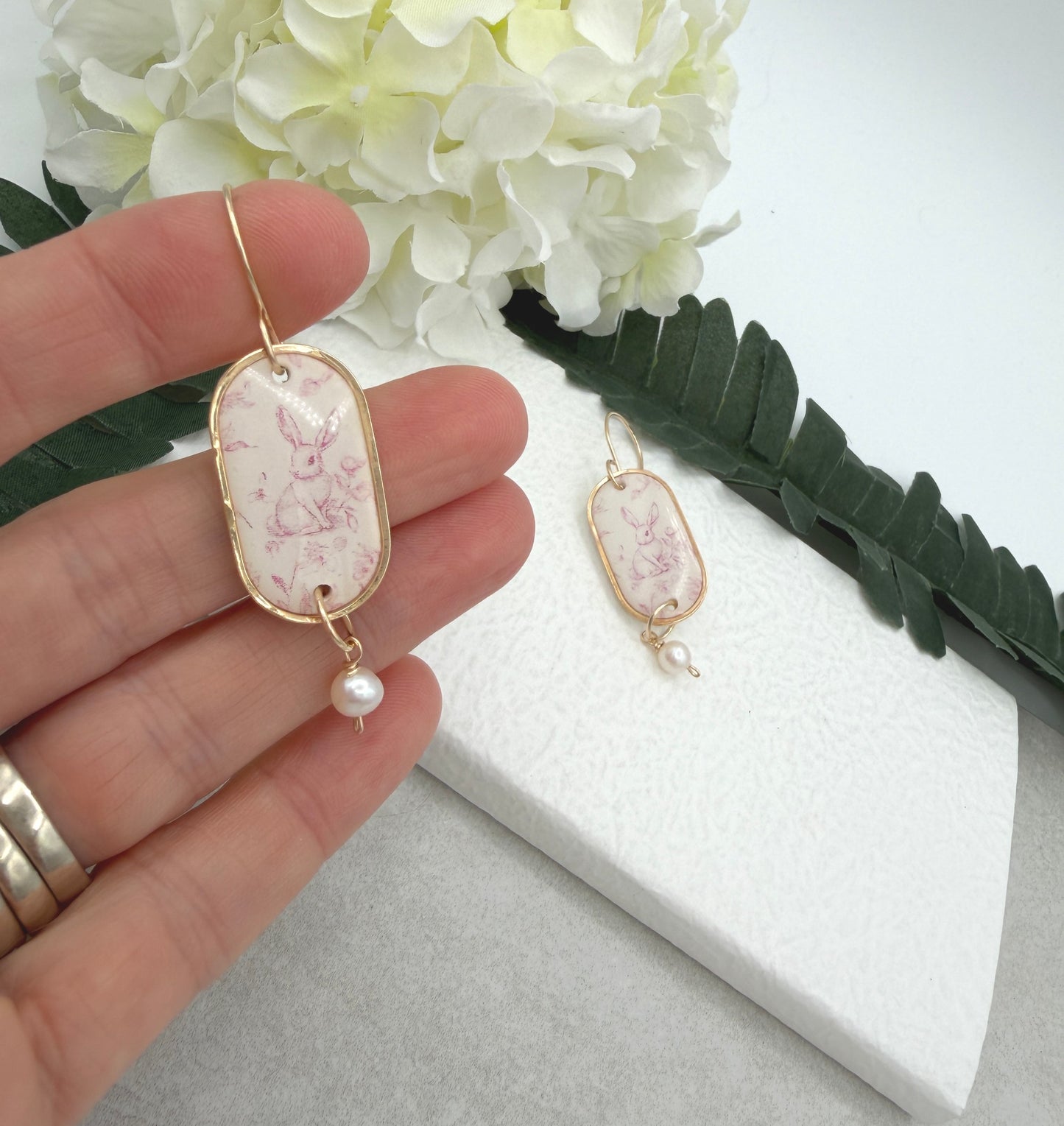 Earrings Made with Polymer Clay Pink Toille Bunnies and Pearl Drops - PCE-982
