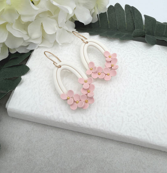 Earrings Made with White Polymer Clay Oval Frames and Pink Flowers - PCE-985