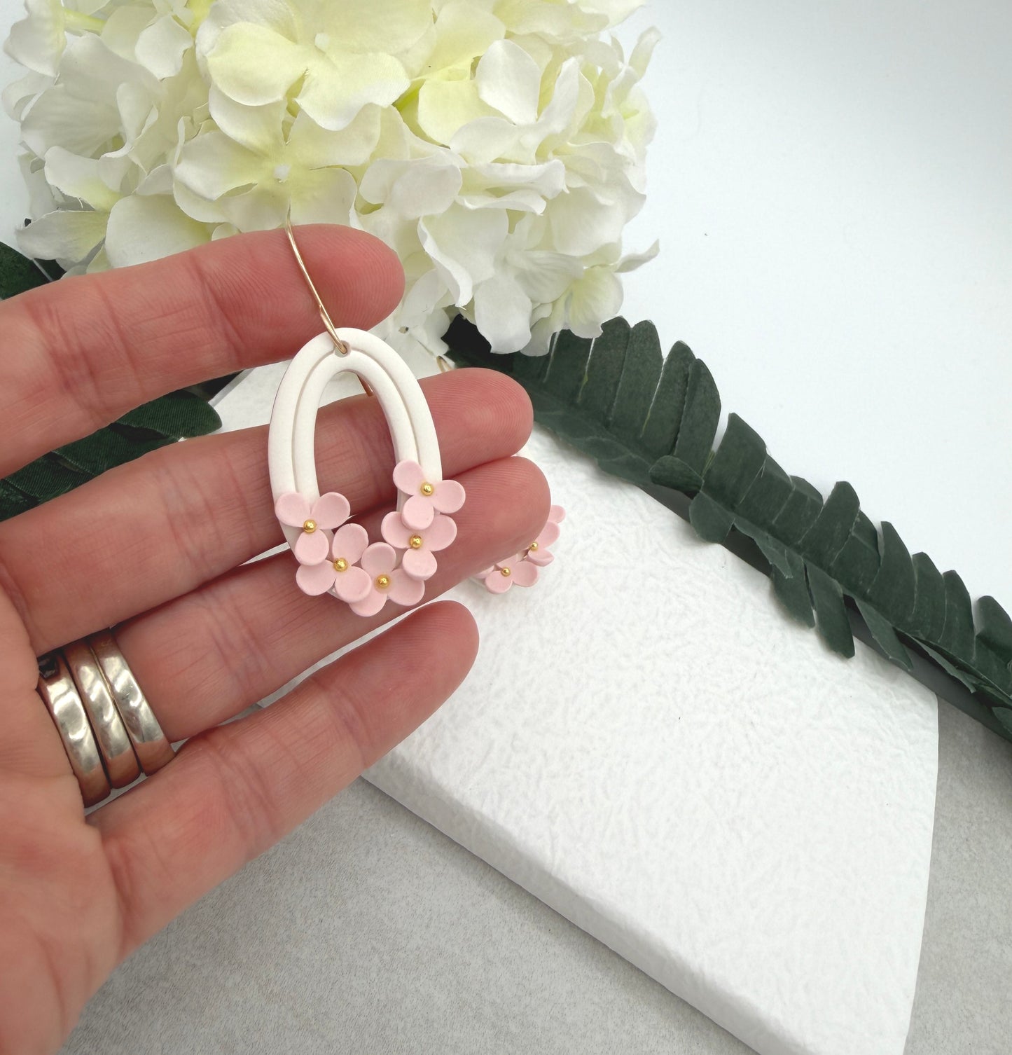 Earrings Made with White Polymer Clay Oval Frames and Pink Flowers - PCE-985