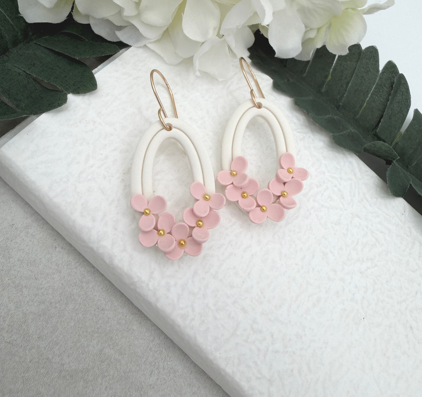 Earrings Made with White Polymer Clay Oval Frames and Pink Flowers - PCE-985