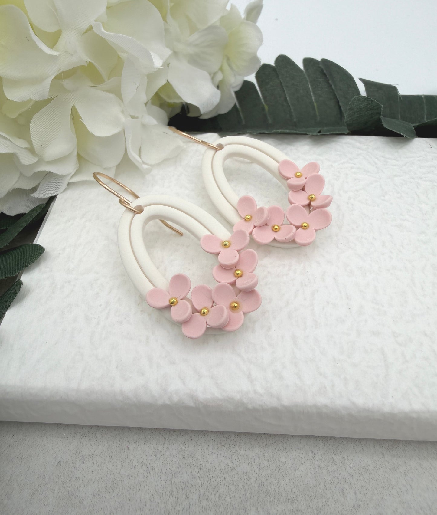 Earrings Made with White Polymer Clay Oval Frames and Pink Flowers - PCE-985