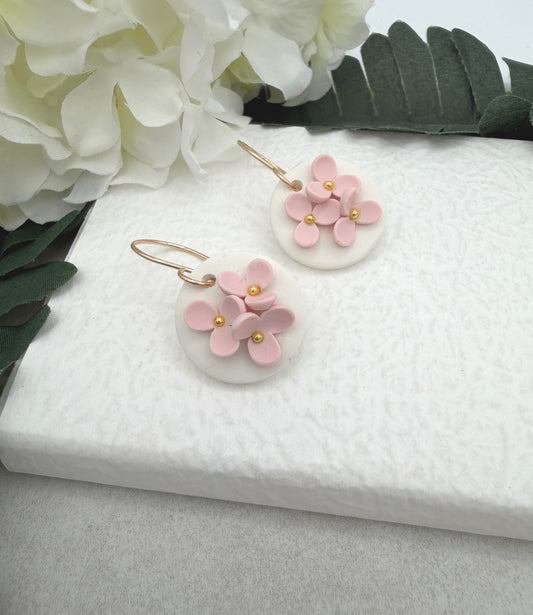 Earrings Made with White Polymer Clay Circles and Pink Flowers - PCE-987