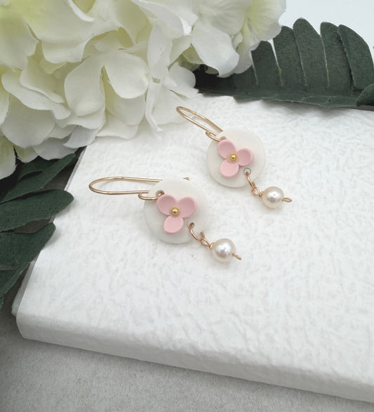 Earrings Made with White Polymer Clay Circles with Pink Flowers and Pearl Drops - PCE-988