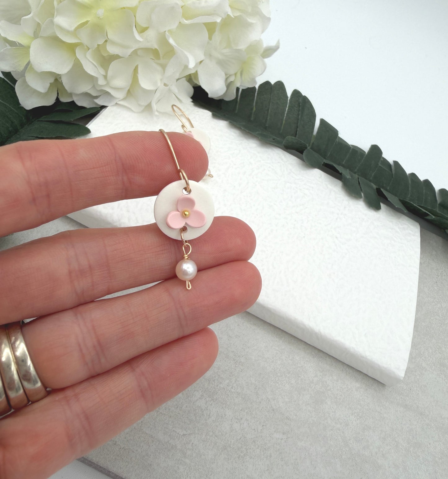 Earrings Made with White Polymer Clay Circles with Pink Flowers and Pearl Drops - PCE-988