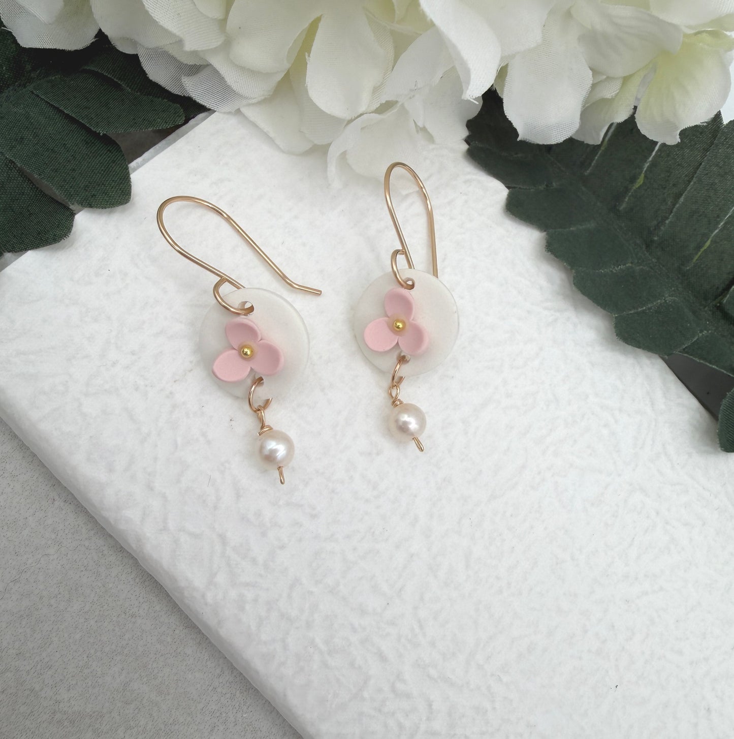 Earrings Made with White Polymer Clay Circles with Pink Flowers and Pearl Drops - PCE-988