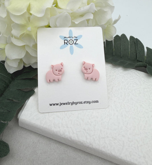 Stud Earrings Made with Pink Polymer Clay Pigs with Sterling Silver Posts PCE-989