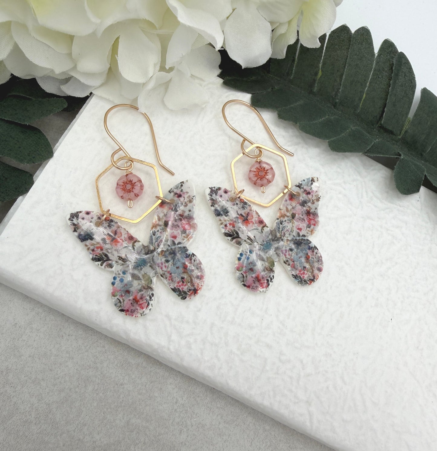 Earrings Made with Polymer Clay Flowered Butterflies, Hexagons and Czech Glass Flowers PCE-990
