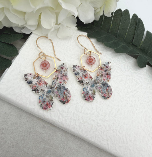 Earrings Made with Polymer Clay Flowered Butterflies, Hexagons and Czech Glass Flowers PCE-990