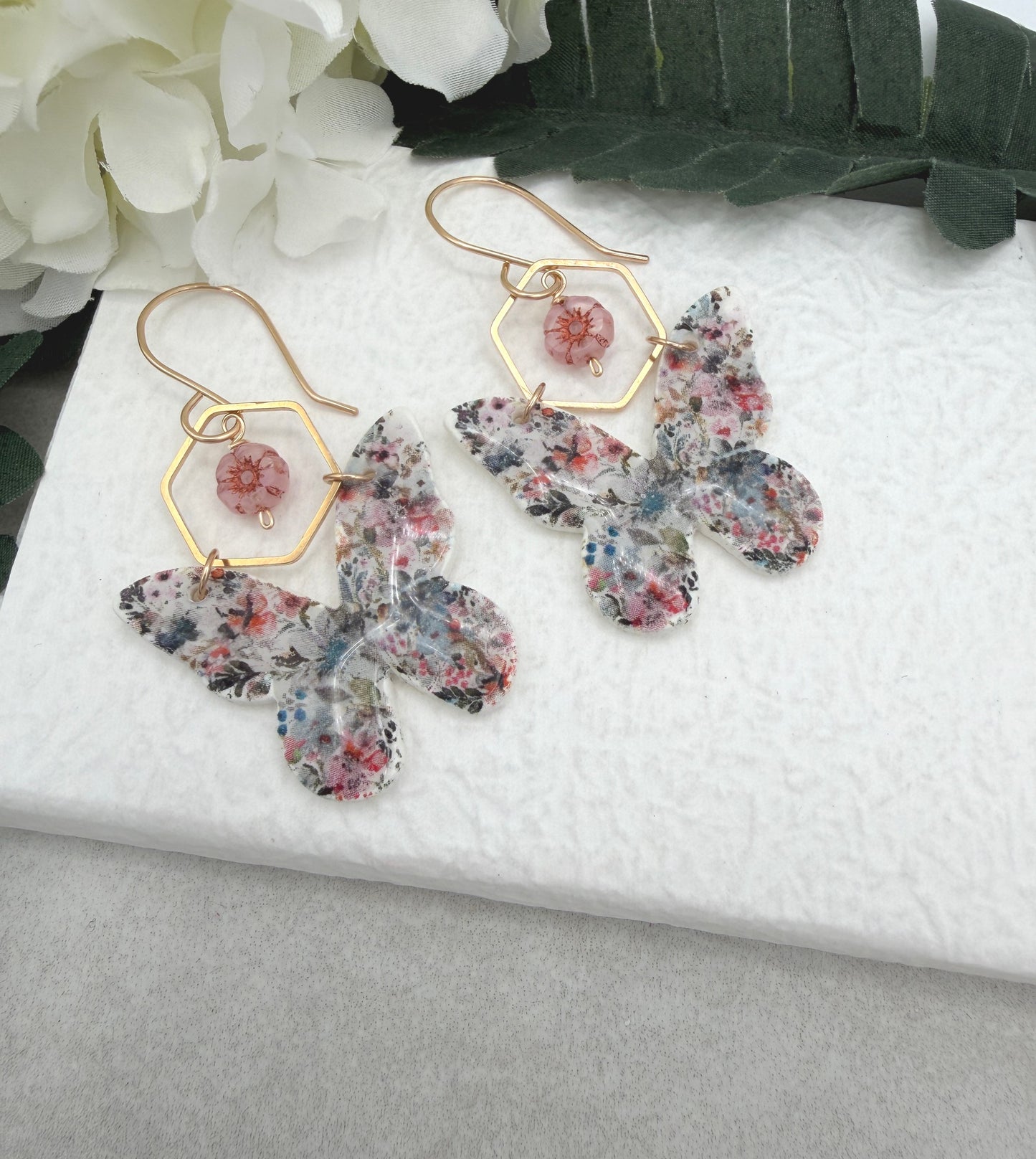Earrings Made with Polymer Clay Flowered Butterflies, Hexagons and Czech Glass Flowers PCE-990