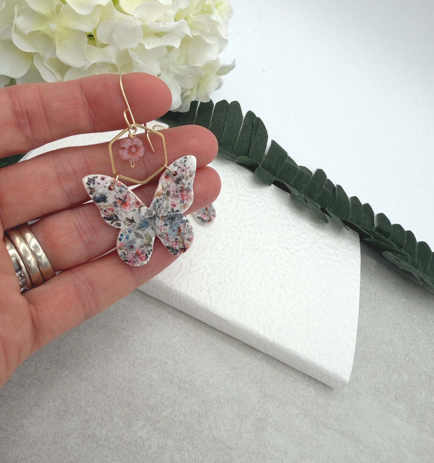 Earrings Made with Polymer Clay Flowered Butterflies, Hexagons and Czech Glass Flowers PCE-990