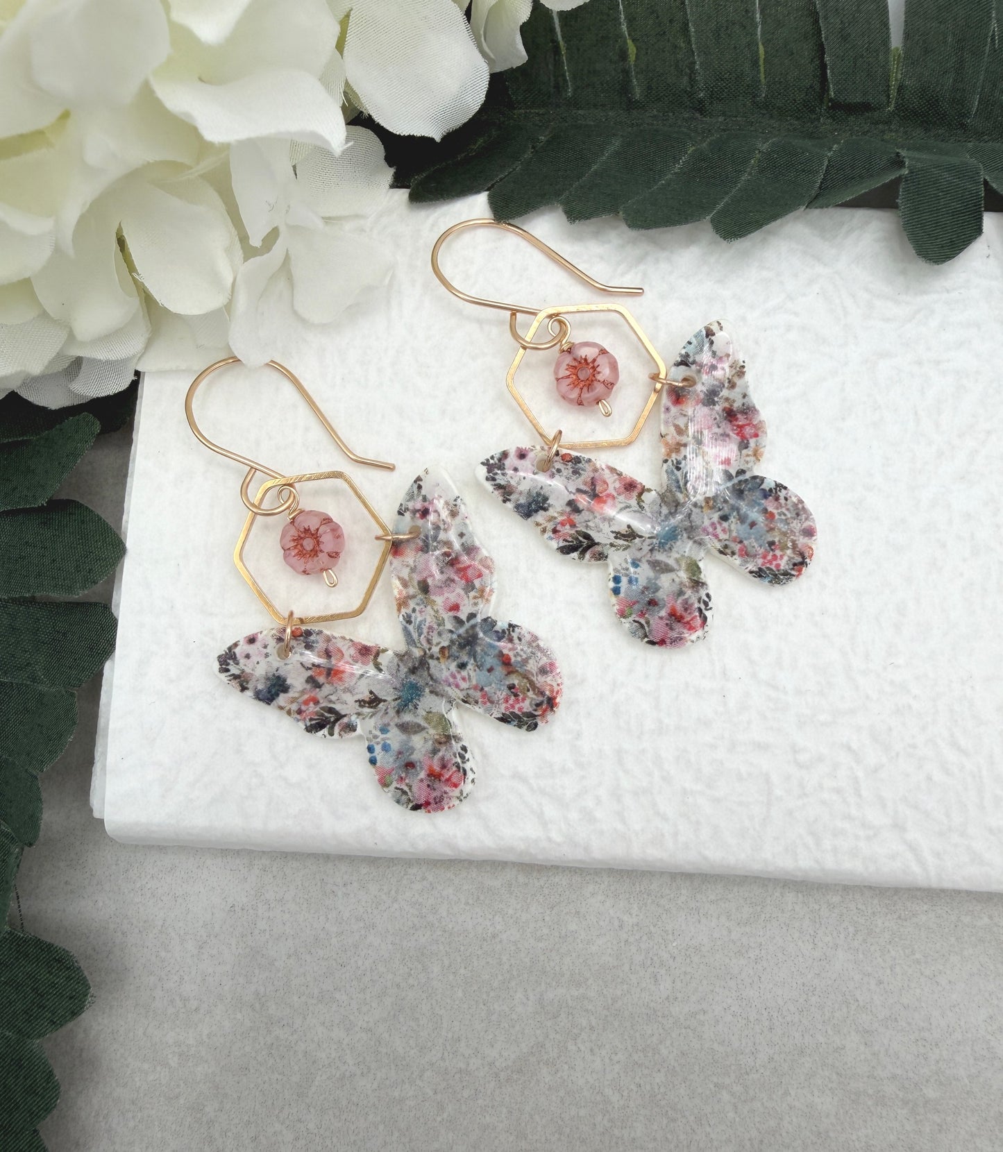 Earrings Made with Polymer Clay Flowered Butterflies, Hexagons and Czech Glass Flowers PCE-990