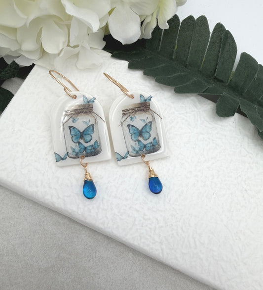 Earrings Made with Polymer Clay Arches with Butterflies and Blue Glass Teardrops PCE-991