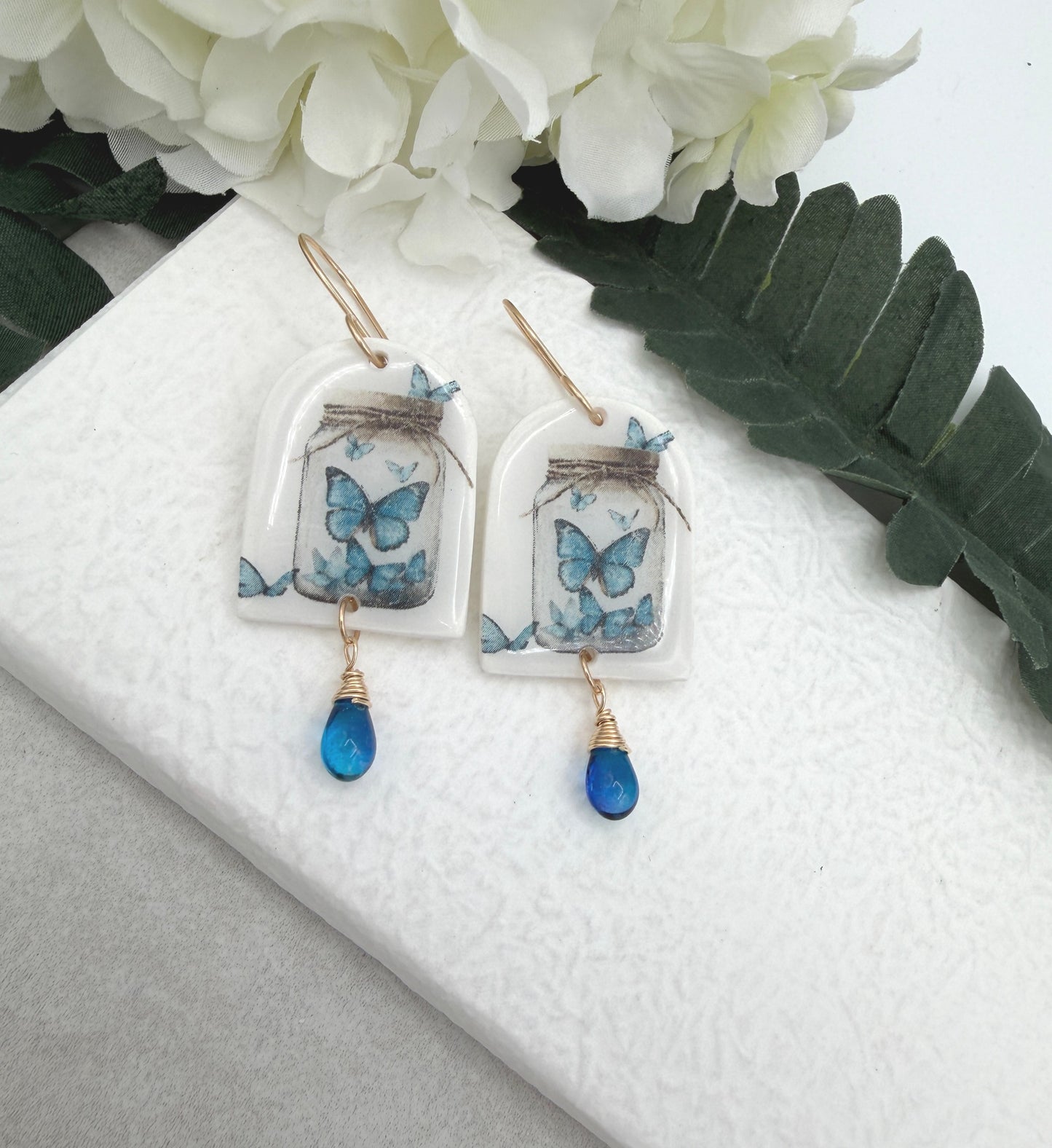 Earrings Made with Polymer Clay Arches with Butterflies and Blue Glass Teardrops PCE-991