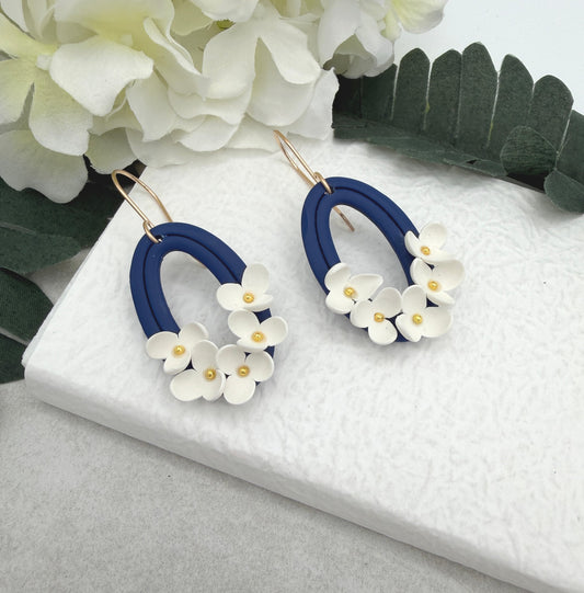 Earrings Made with Navy Polymer Clay Oval Frames and White Flowers - PCE-992