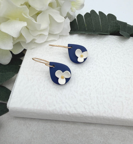 Earrings Made with Navy Polymer Clay Teardrops and White Flowers - PCE-993