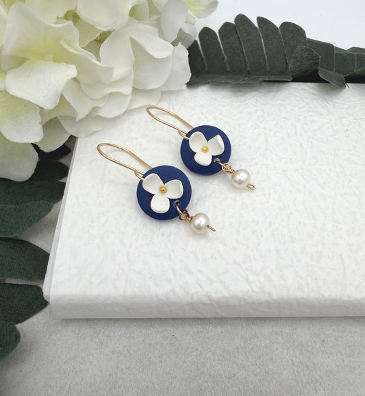 Earrings Made with Navy Polymer Clay Circles with White Flowers and Pearl Drops - PCE-994