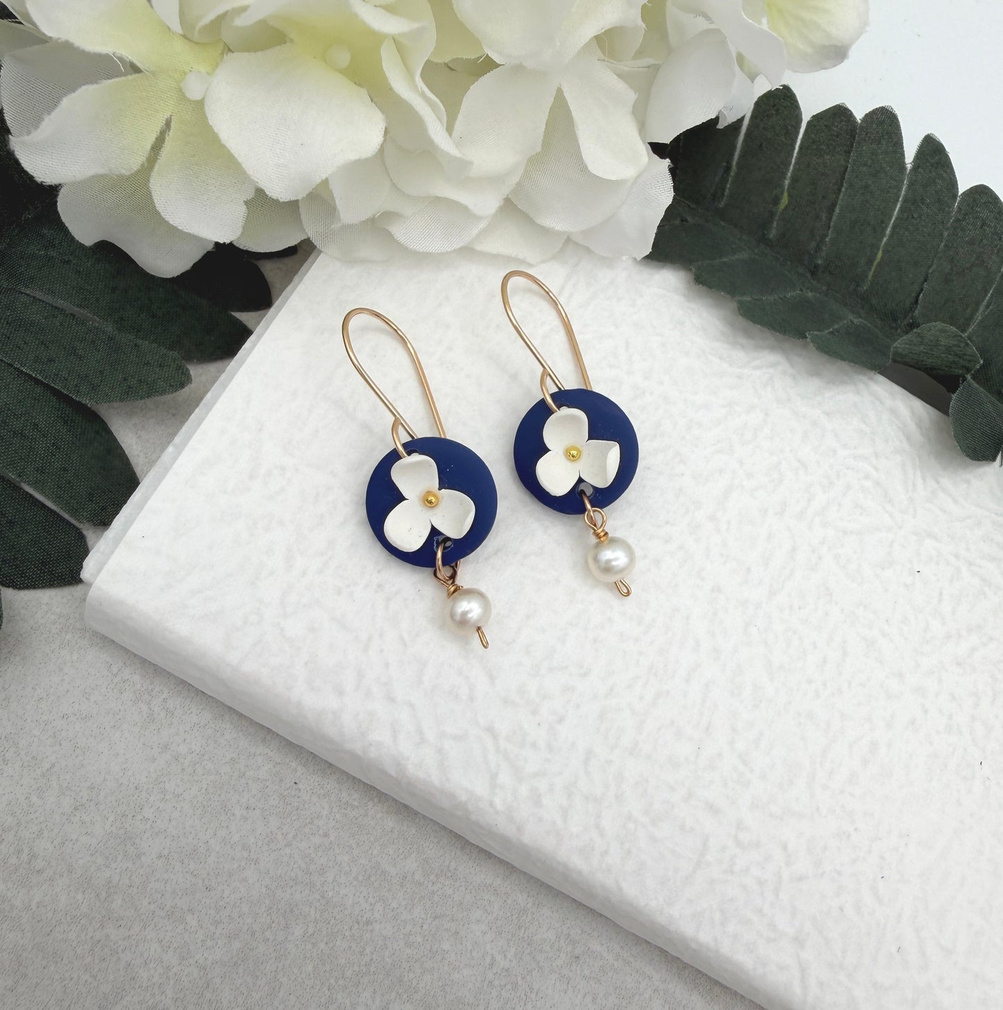 Earrings Made with Navy Polymer Clay Circles with White Flowers and Pearl Drops - PCE-994