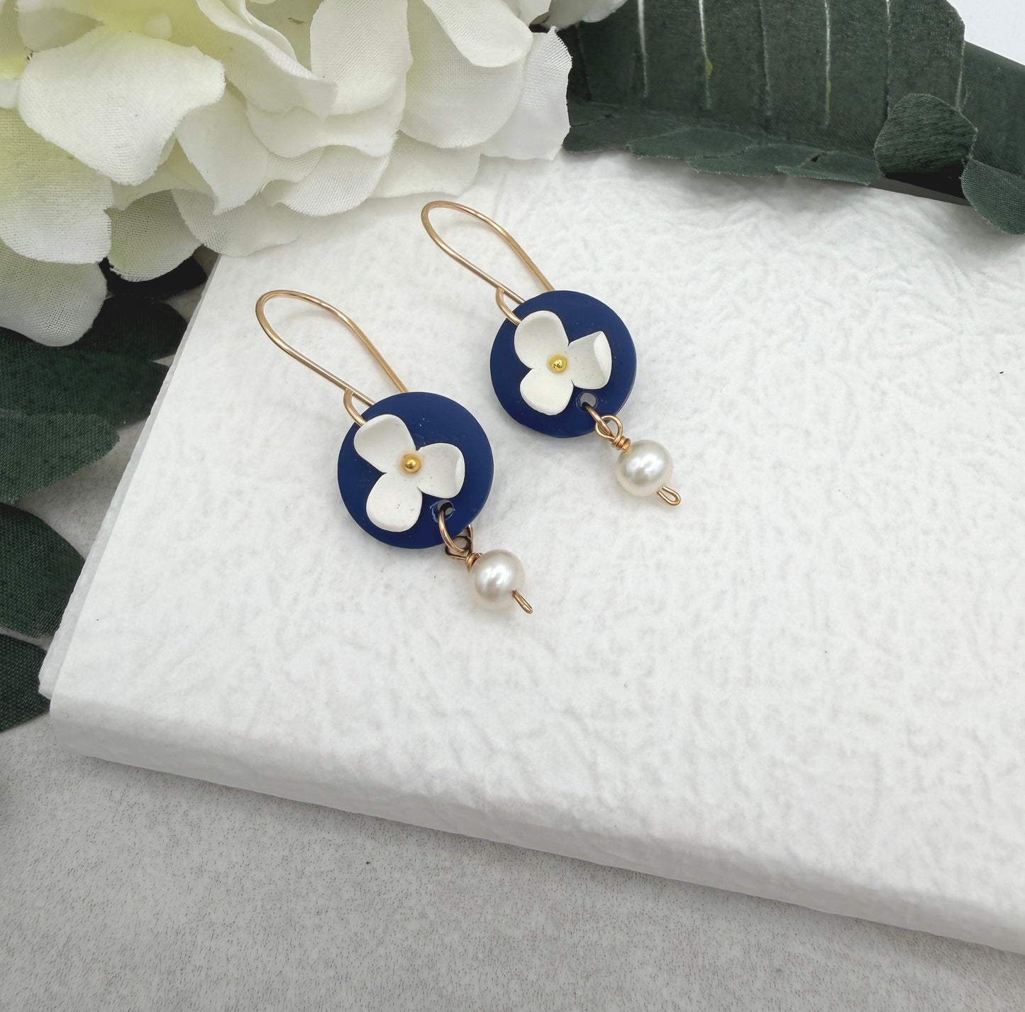 Earrings Made with Navy Polymer Clay Circles with White Flowers and Pearl Drops - PCE-994