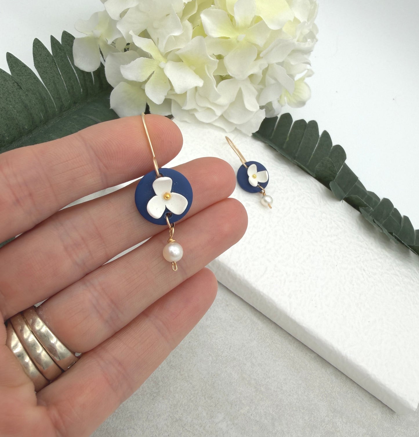 Earrings Made with Navy Polymer Clay Circles with White Flowers and Pearl Drops - PCE-994