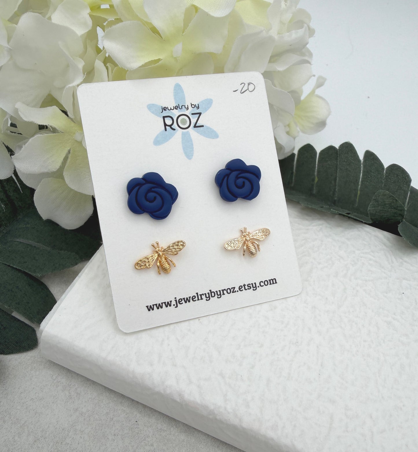 Stud Earring Pack Made with Navy Polymer Clay Roses with Sterling Silver Posts and Gold Plated Bee Post PCE-995