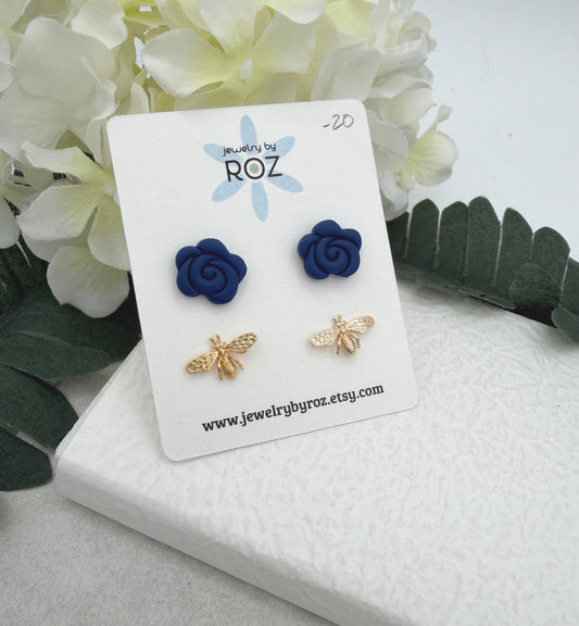 Stud Earring Pack Made with Navy Polymer Clay Roses with Sterling Silver Posts and Gold Plated Bee Post PCE-995