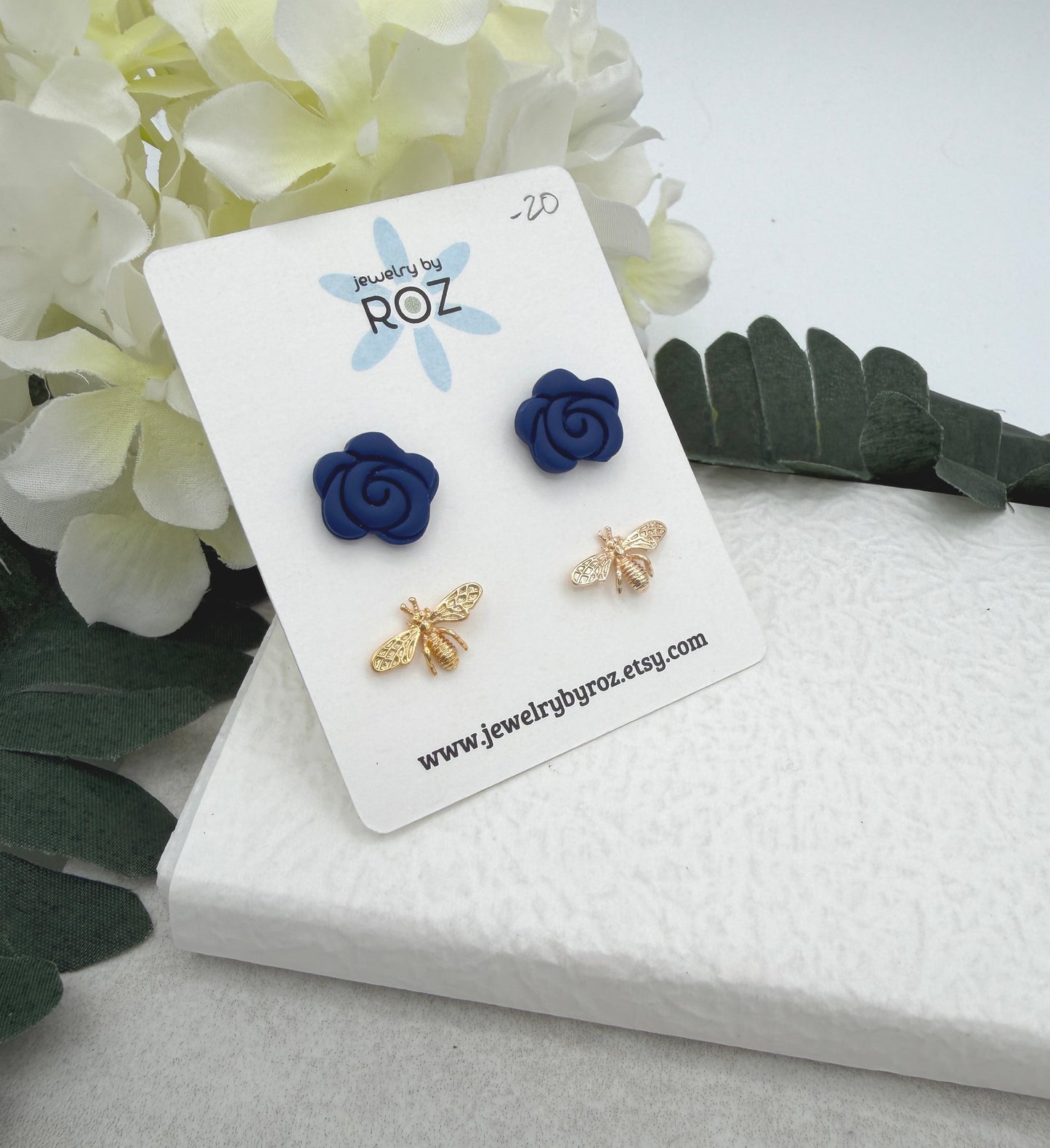 Stud Earring Pack Made with Navy Polymer Clay Roses with Sterling Silver Posts and Gold Plated Bee Post PCE-995