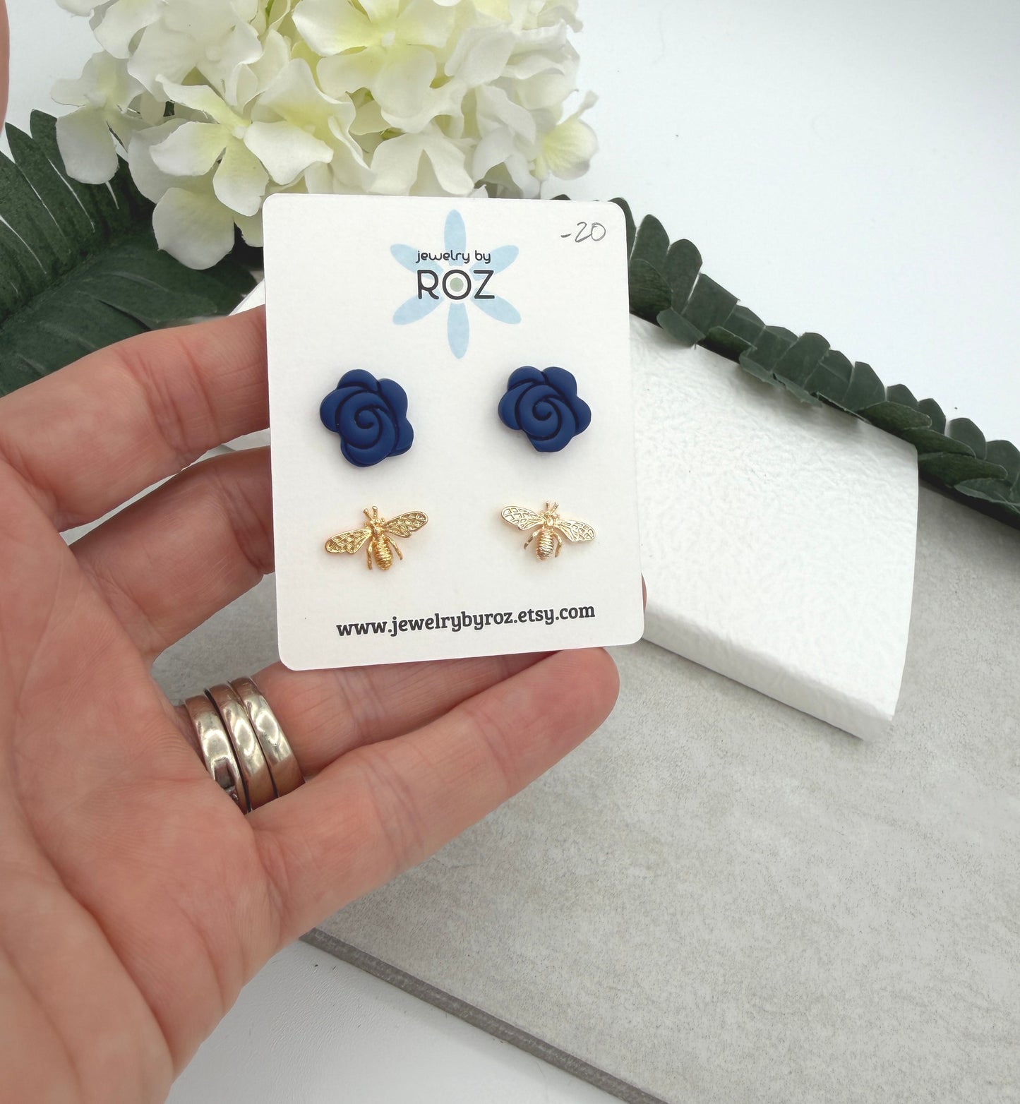 Stud Earring Pack Made with Navy Polymer Clay Roses with Sterling Silver Posts and Gold Plated Bee Post PCE-995