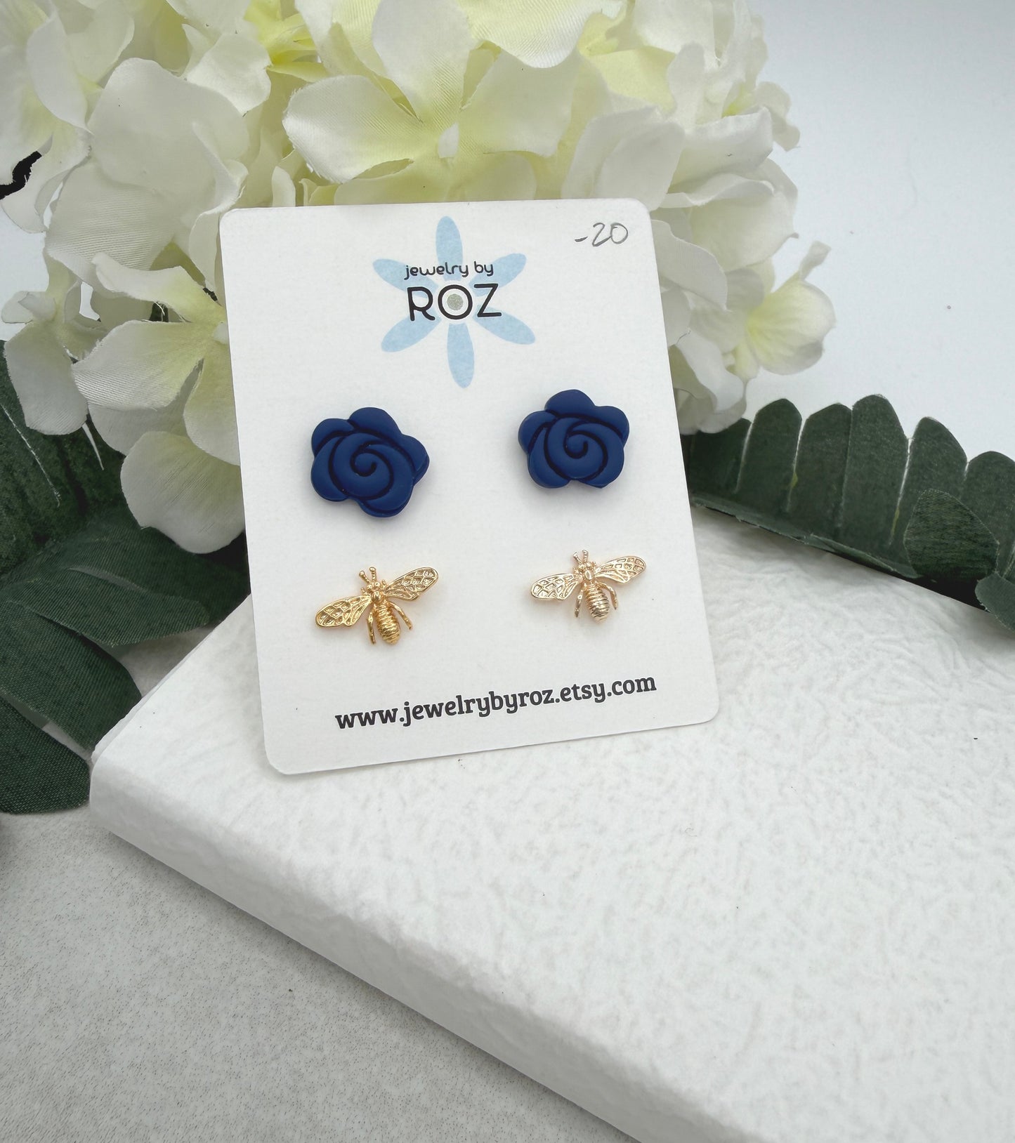 Stud Earring Pack Made with Navy Polymer Clay Roses with Sterling Silver Posts and Gold Plated Bee Post PCE-995