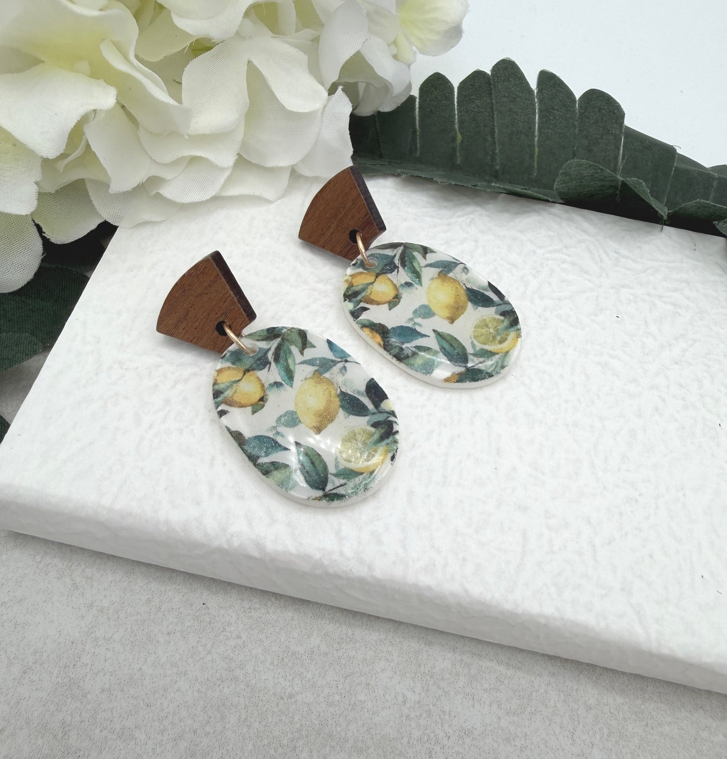 Earrings Made with Polymer Clay Ovals with Lemons and Wood Posts PCE-996
